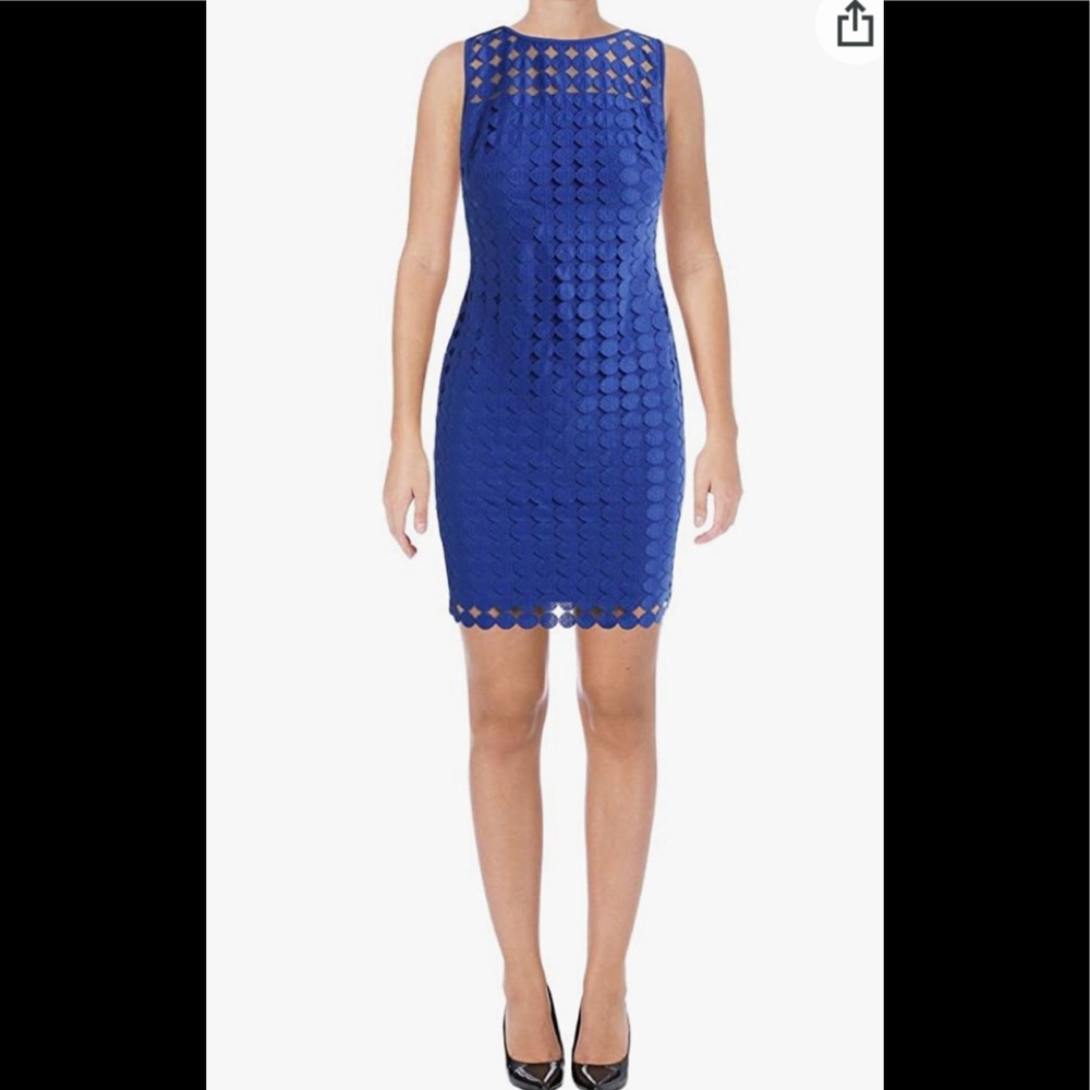 Lauren by Ralph Lauren Women's SZ 6 Petite Geometric Square Lace Dress Blue/Tan